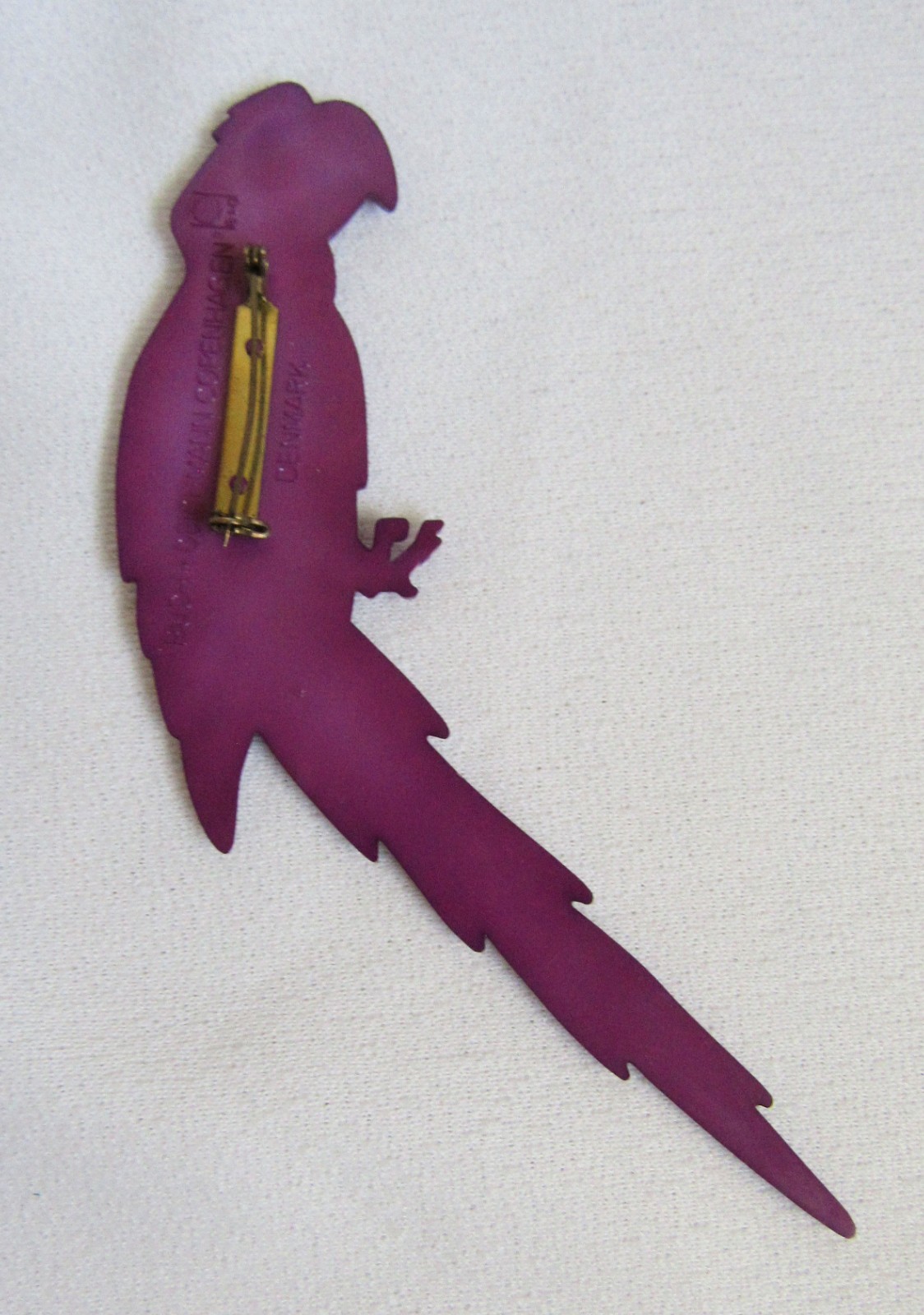 Buch & Deichmann Parrot Danish Copenhagen Denmark Purple Plastic Pin Brooch