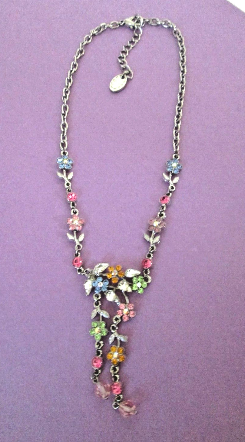 Pastel Crystal Flowers Dangle Drop Collar Necklace 15” Cottagecore Garden