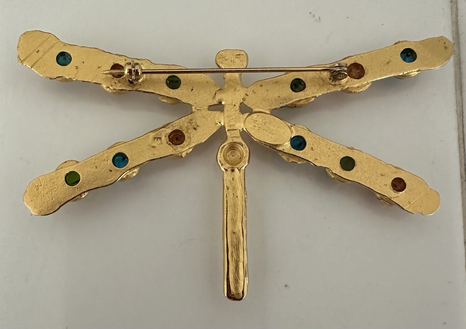 Deanna Hamro Gold Brooch Dragonfly 1980’s Poured Glass Gripoix Cabochon Pin