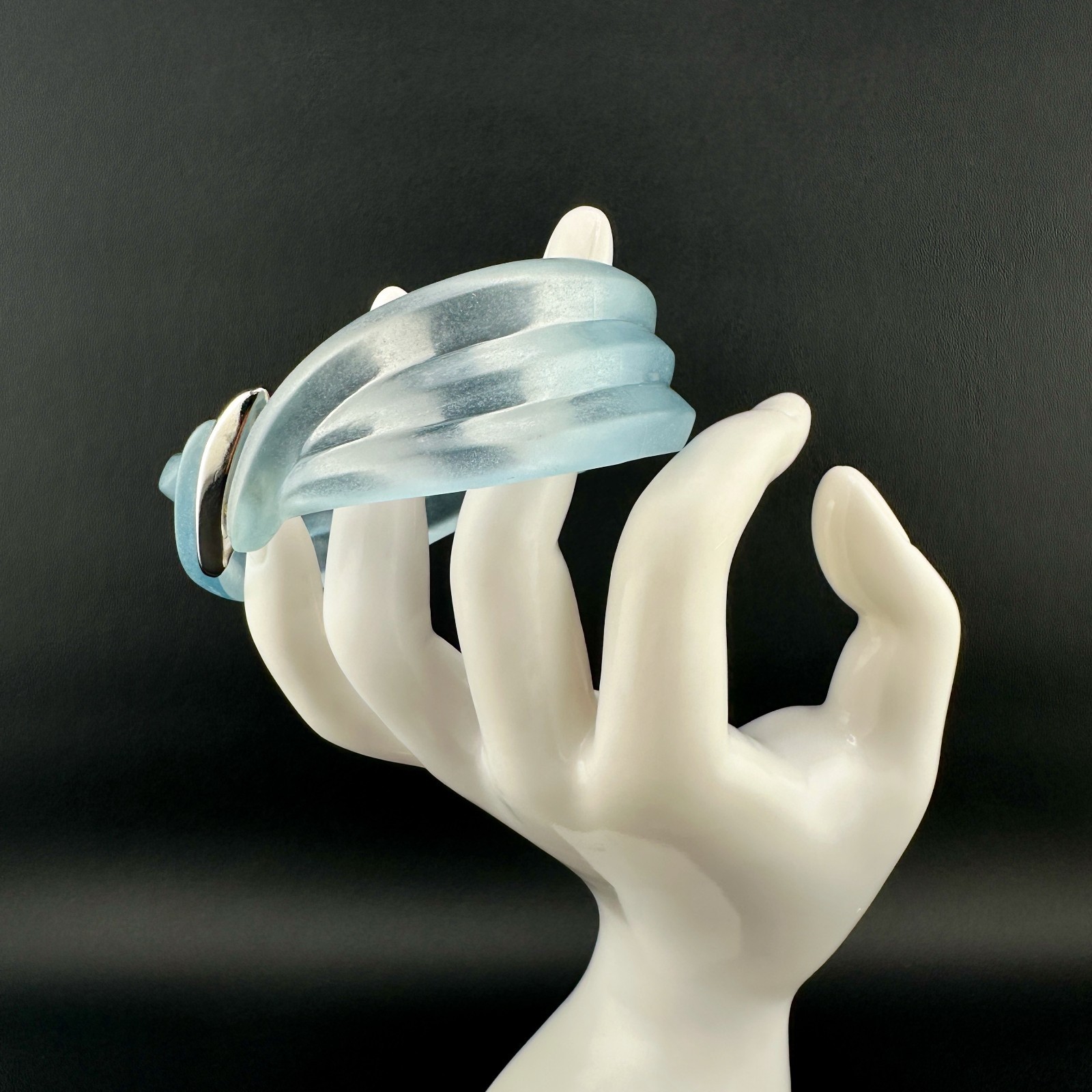 Vintage Lucite Bangle Bracelet Frosted Baby Blue Ribbed Dimensional Wave Signed