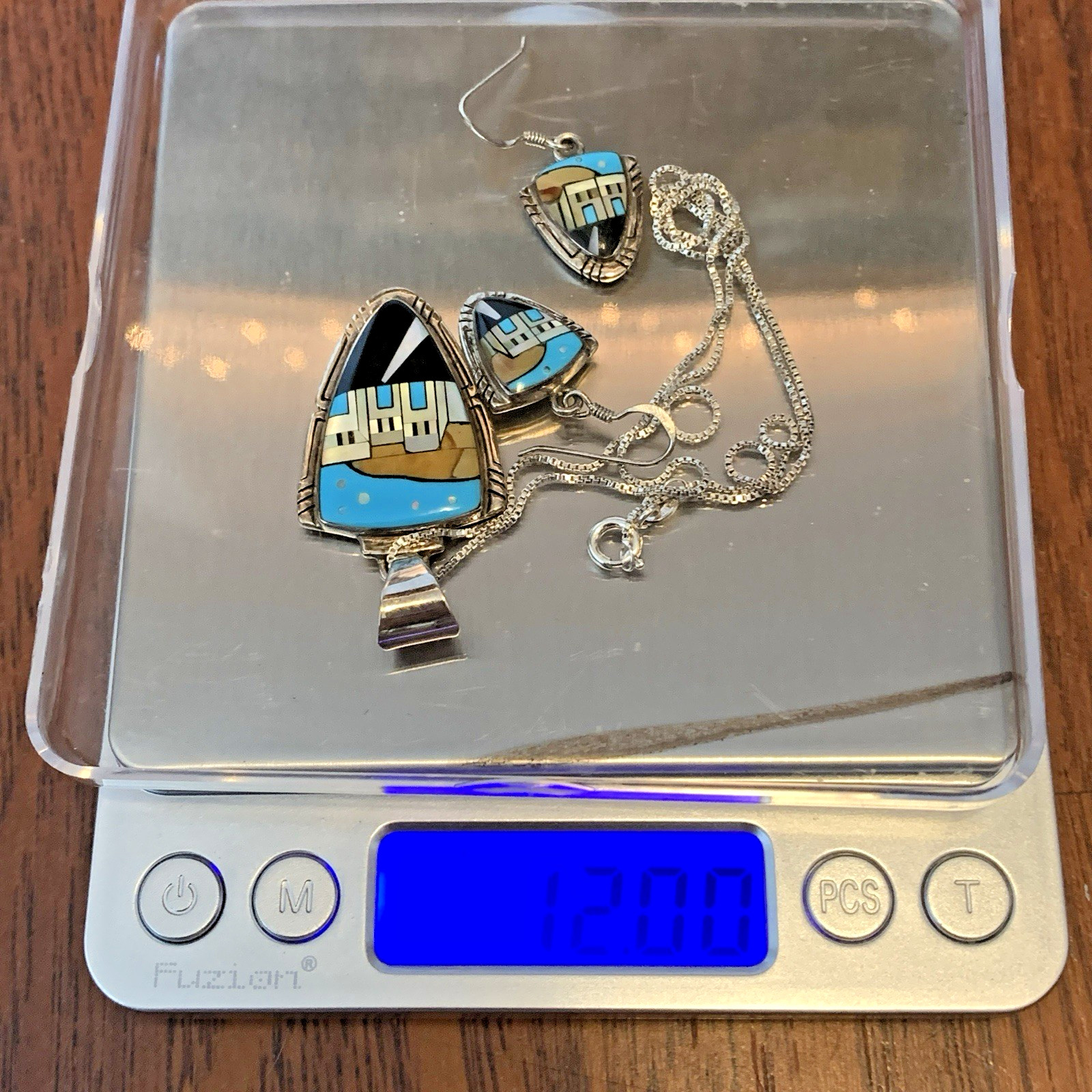 VTG Sterling Silver 925 Southwest Inlay Village Necklace Earring Set Signed VC