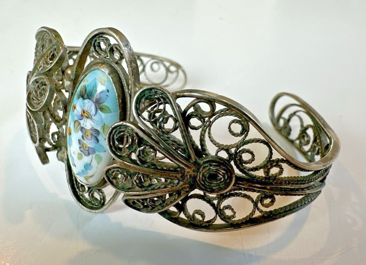 Vintage Painted Floral Motif Enamel Cuff Bracelet W/ Ornate Filigree