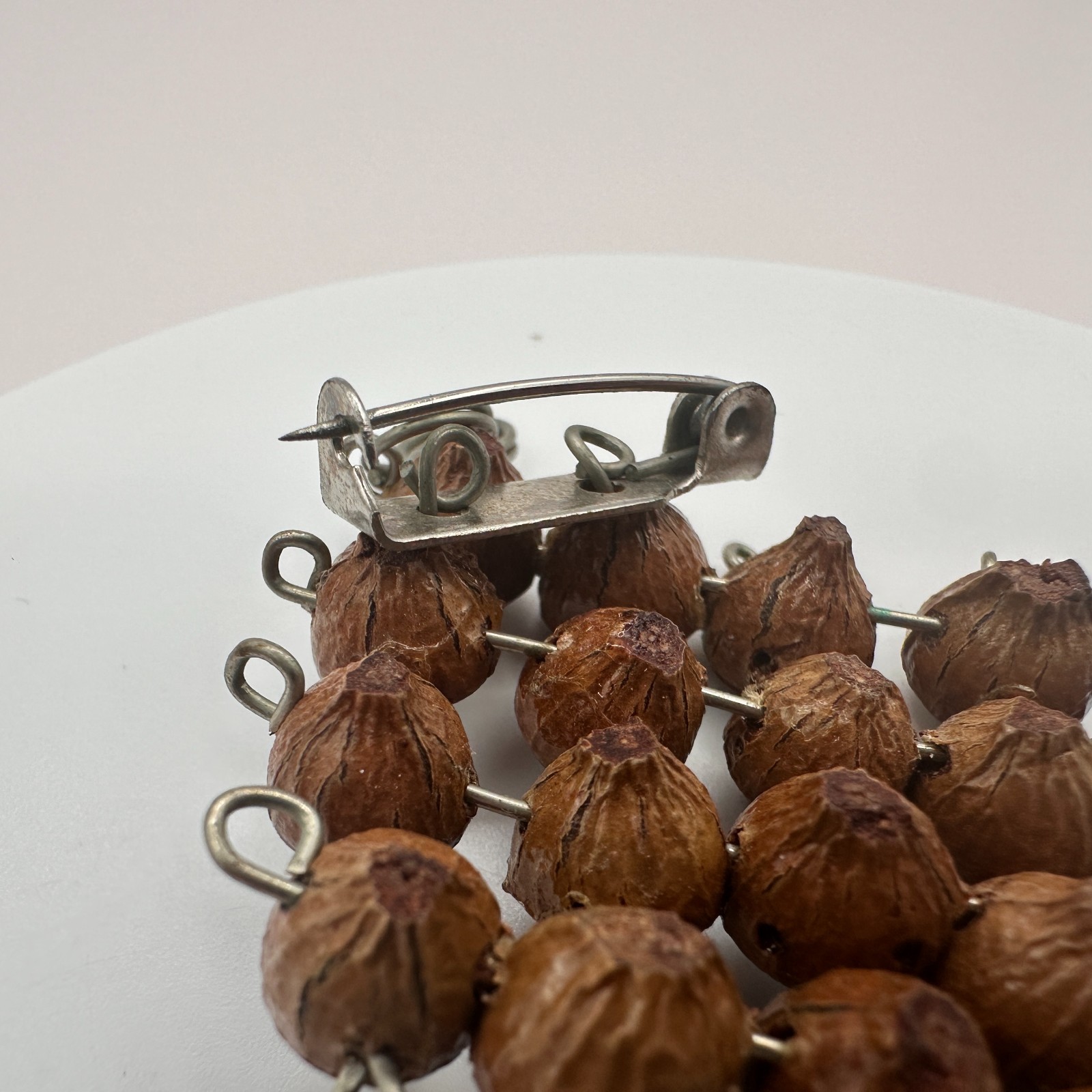 Vintage 90s Brown Wood Nut Seed Dangle Brooch Natural Boho Statement Jewelry