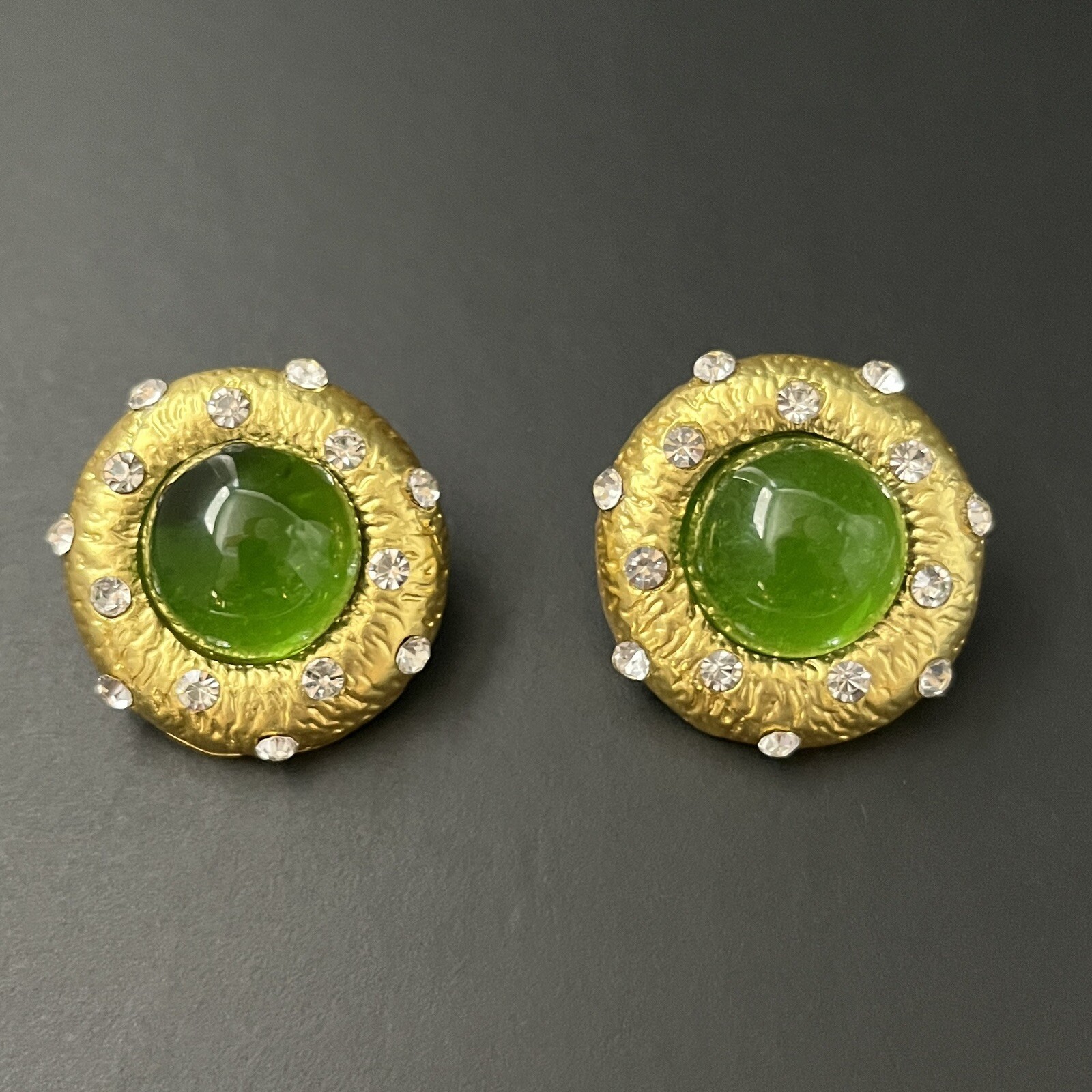 Gold Tone Cabochon Earrings Green Gripoix Glass Round Dome Pierced Crystal Glam