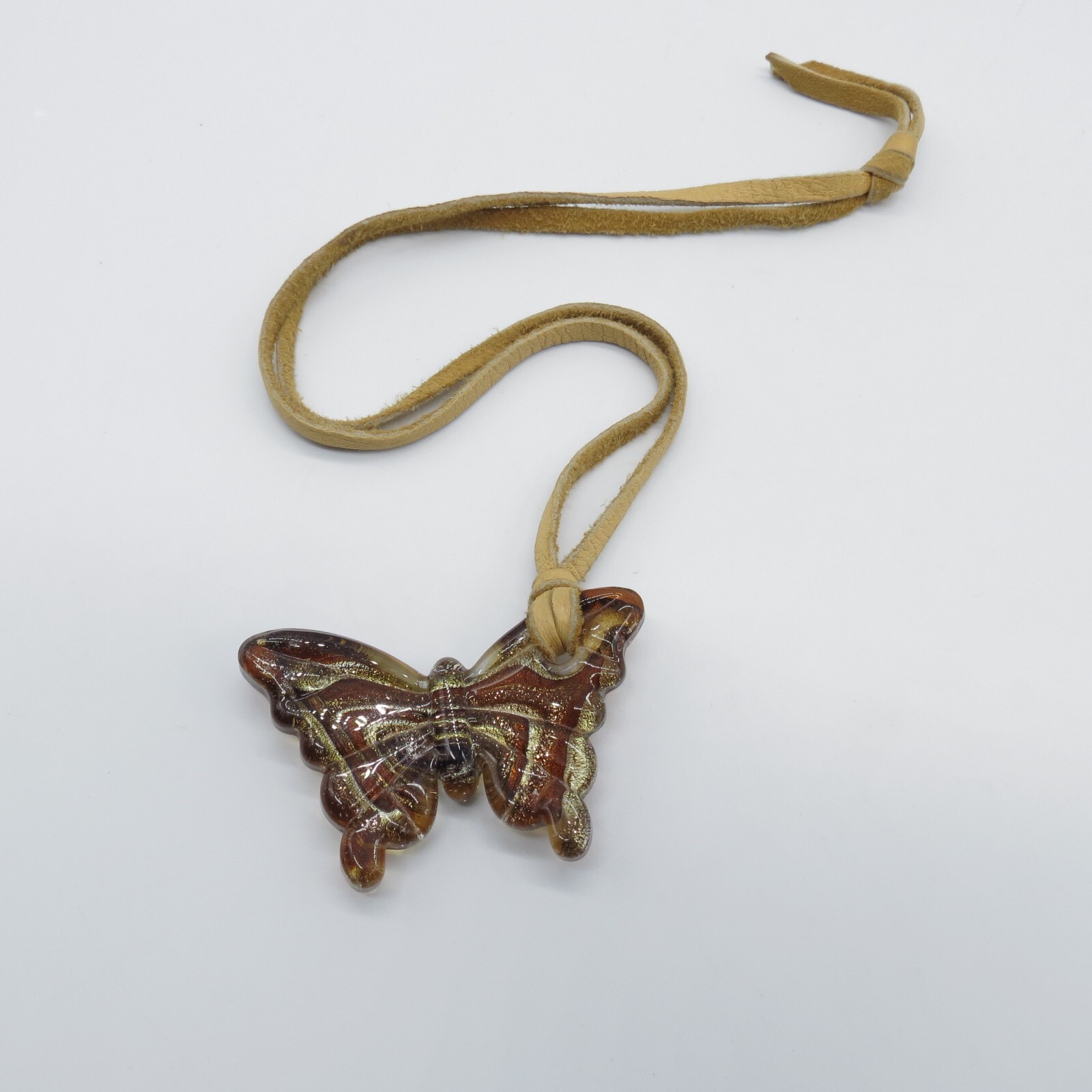 Art Glass Butterfly Pendant Necklace Brown Yellow Gold Foiled Glass 22″