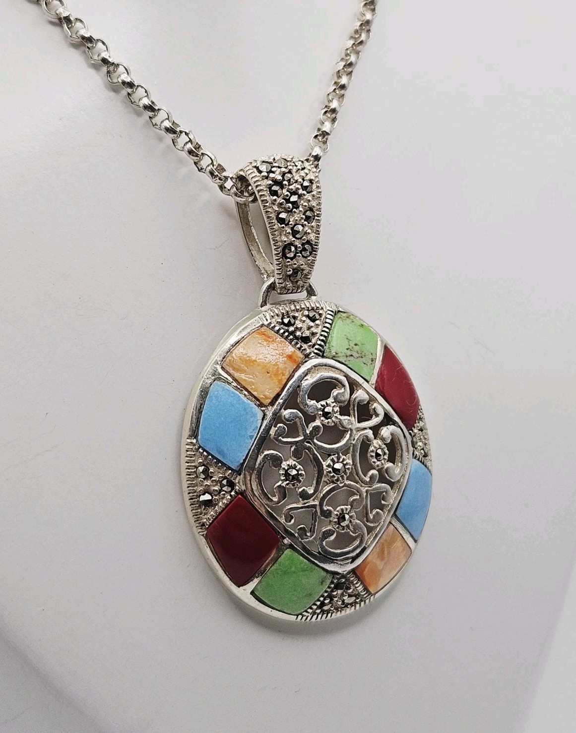 Sterling Silver Turquoise, Red Coral, Jasper & Marcasite Pendant Necklace 24″
