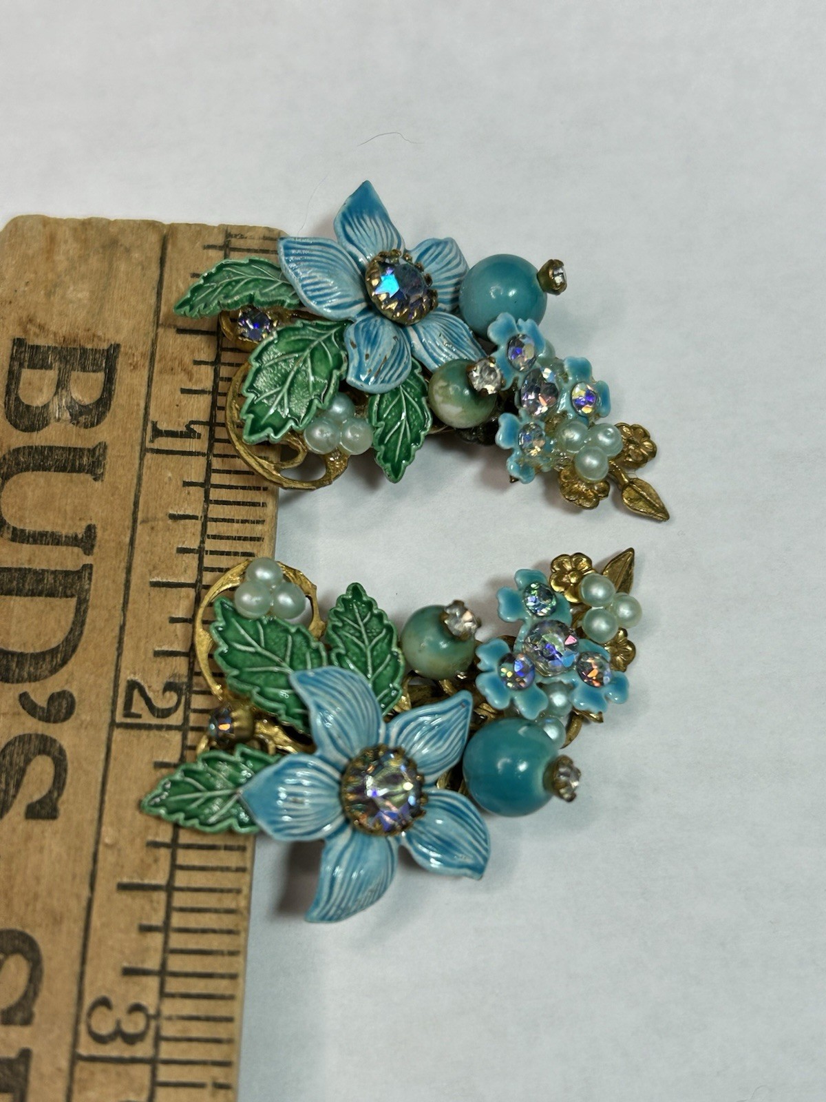 Miriam Haskell Lever Back Clip Earrings Blue Enamel AB Stones & Sim Pearls RARE!