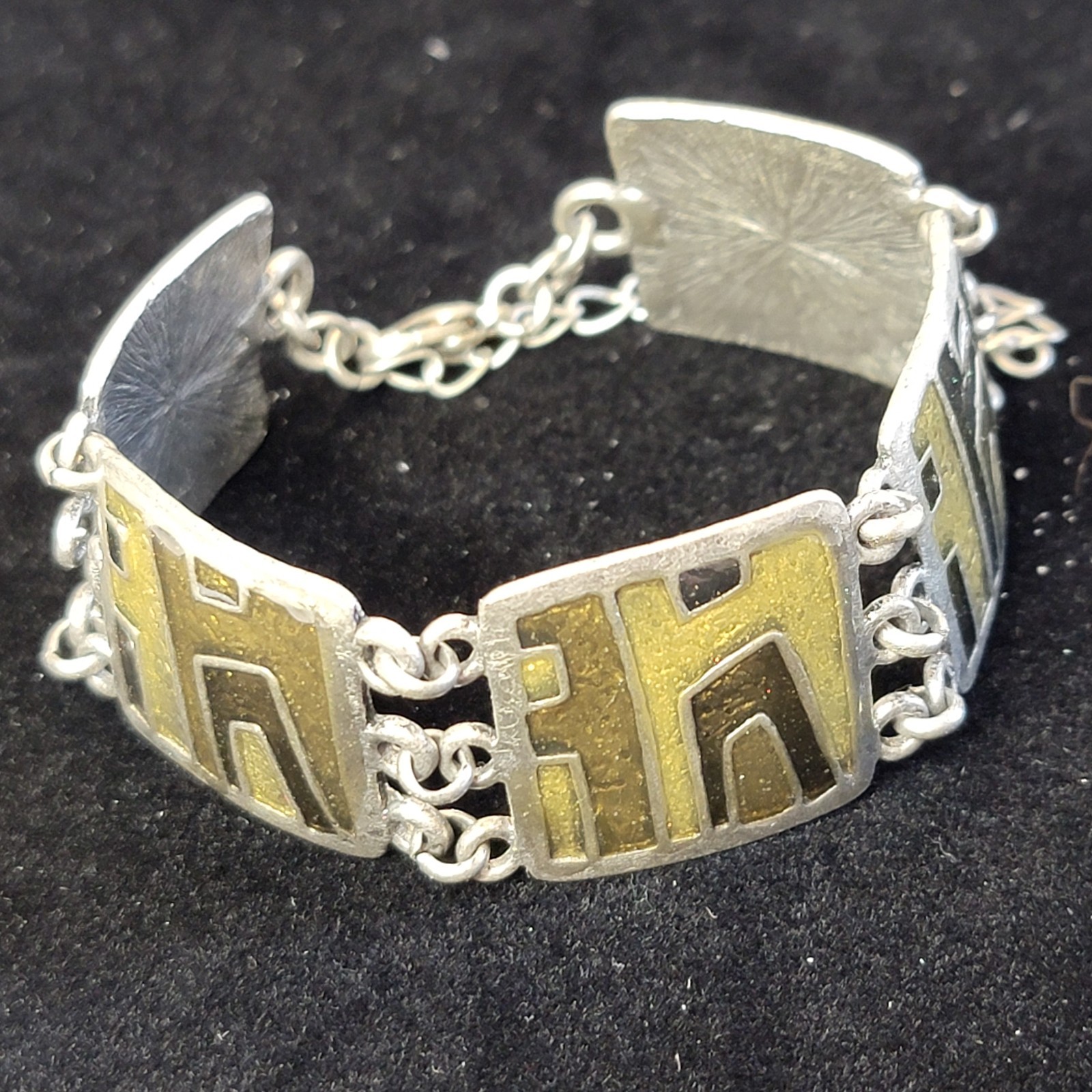Vintage Modernist Silver Tone Link Y2K Bracelet Olivine Enamel Articulated Panel