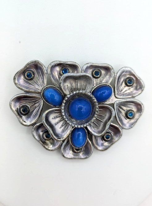 Vintage Brooch Dress Clip Art Deco Blue Cabochon Fur Clip Silver Tone