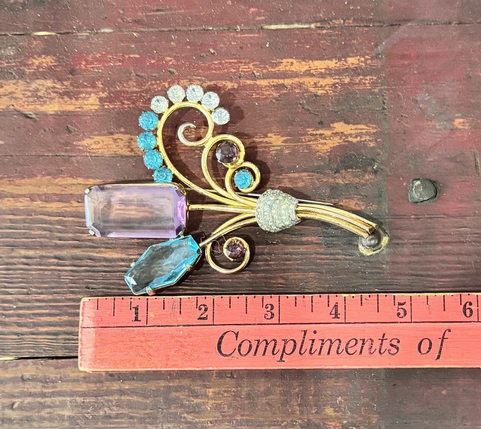 Vintage Les Glass Flower Bouquet Brooch Large Open Back Amethyst Aqua Spray HUGE