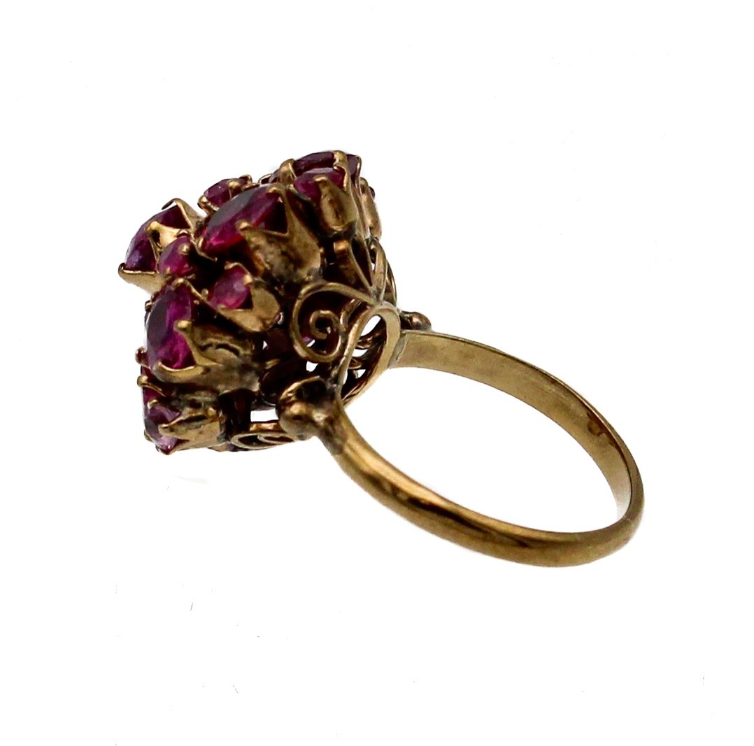 Vintage Ruby / Pink Sapphire Dome Cluster Cocktail Ring 14K Yellow Gold Sz 5