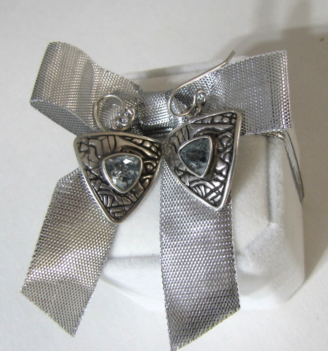 Vintage Sterling Silver Trillion Blue Topaz Tribal Shield Earrings Signed DC 925