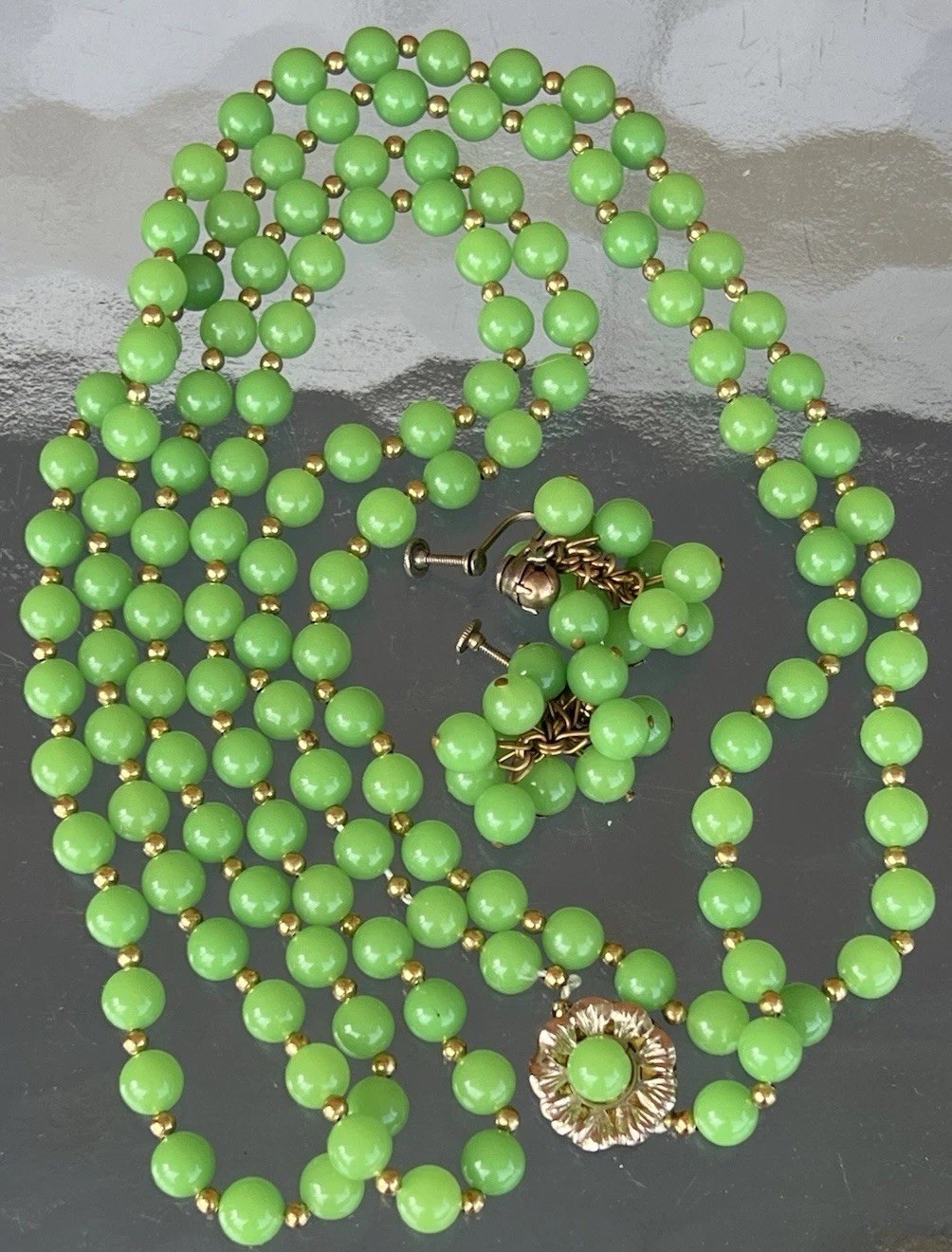 MCM Lime Green & Gold Bead Necklace with Matching Clip On Earrings Vintage Set