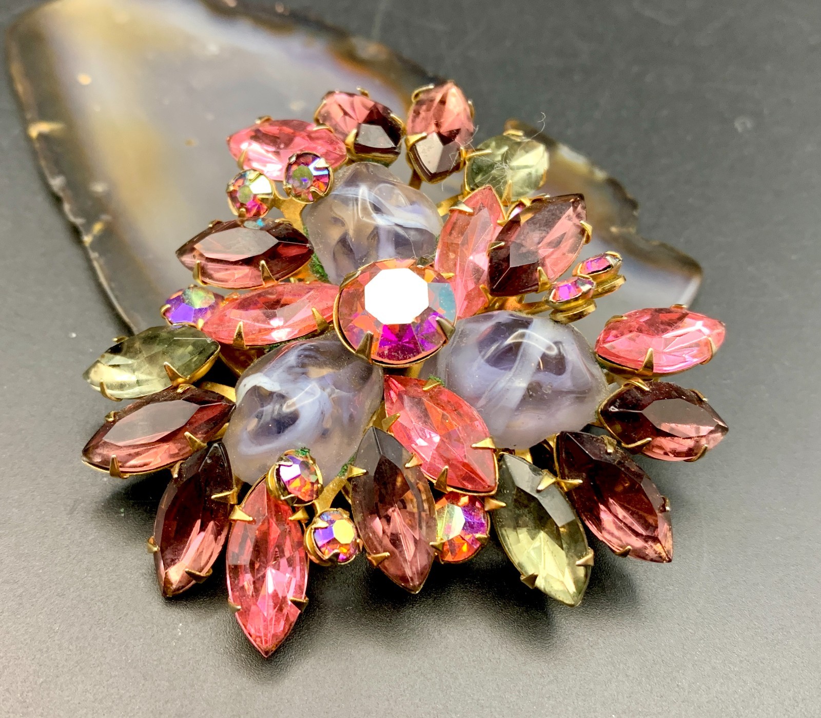 Vintage Beau Jewels Brooch Pink Purple AB Rhinestone Gripoix Glass Unsigned