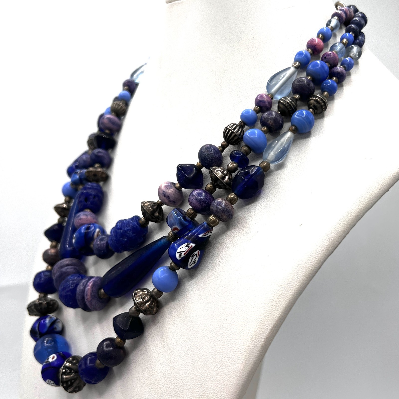 Three Strand Blue Purple Beaded Statement Necklace Artisan Boho Style 18″