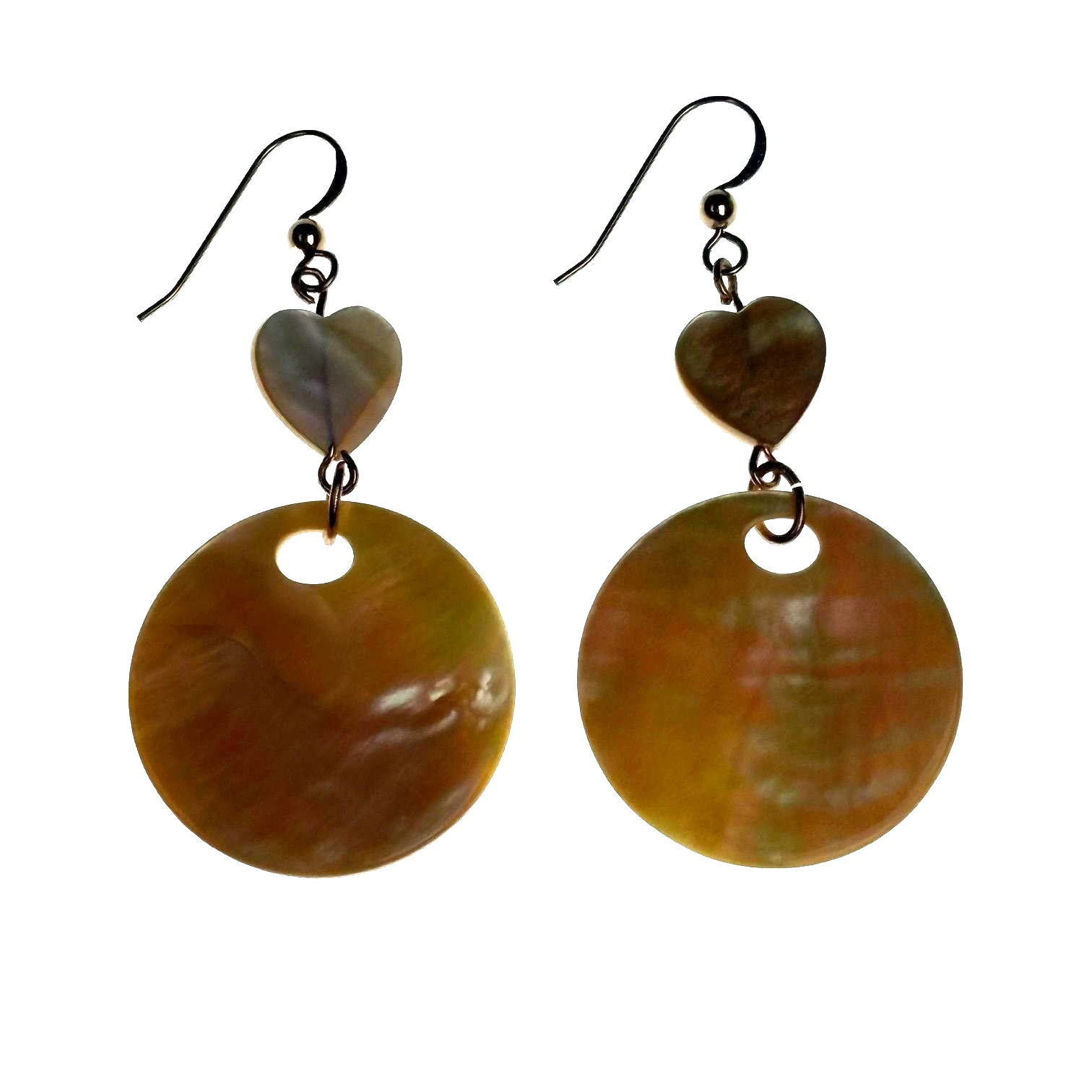 Vintage Heart Round Mother Of Pearl Dangle Earrings Handmade Hook Lightweight