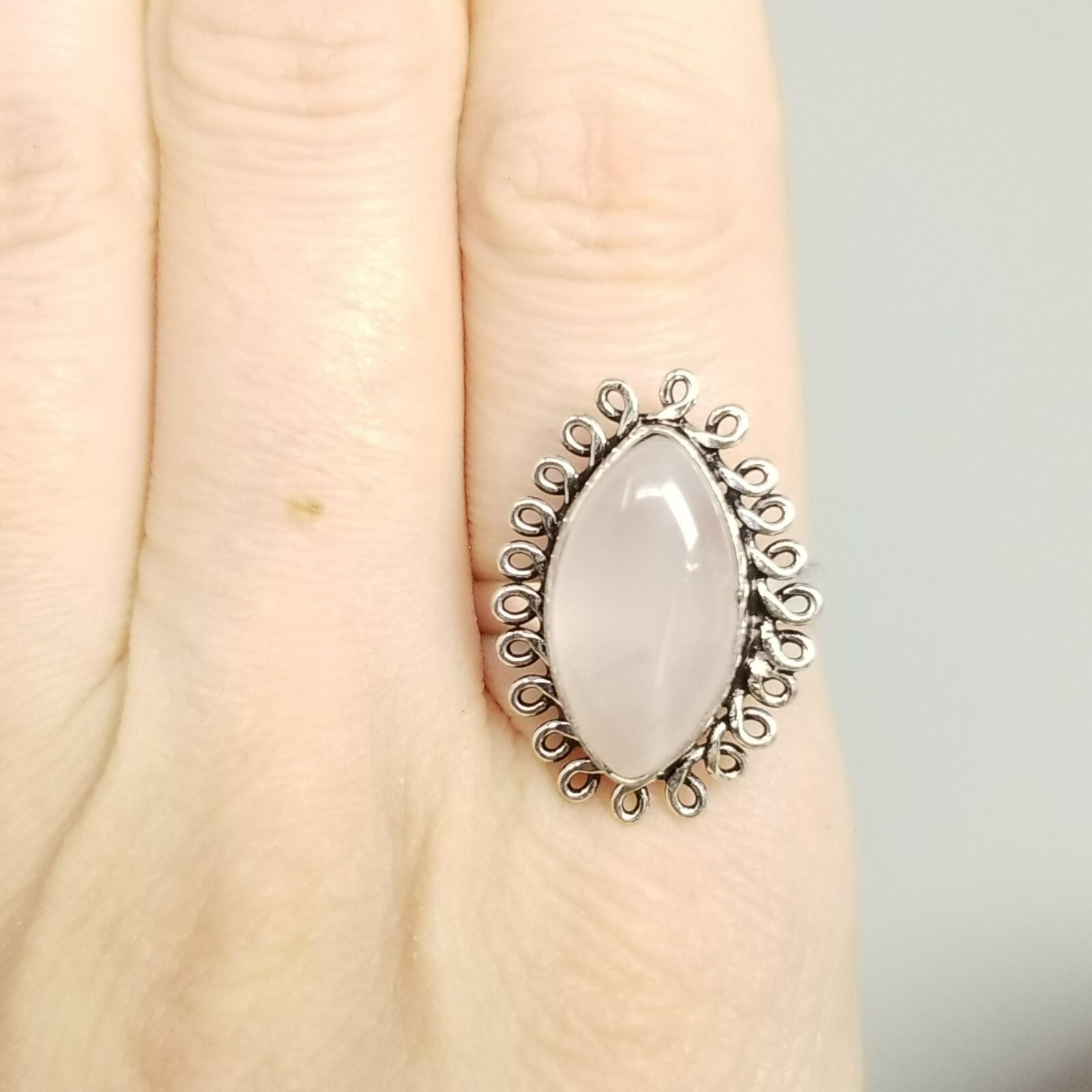 Vintage Marquise Shape Cabochon Ring, Very Light Pink, Size 7.5 Silver Tone Band