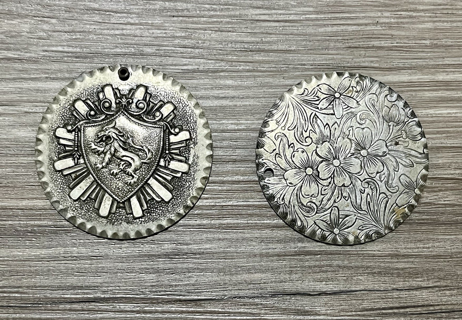 Vintage Aluminum Pendant Necklace Pair Rampant Lion Hammered Jewelry