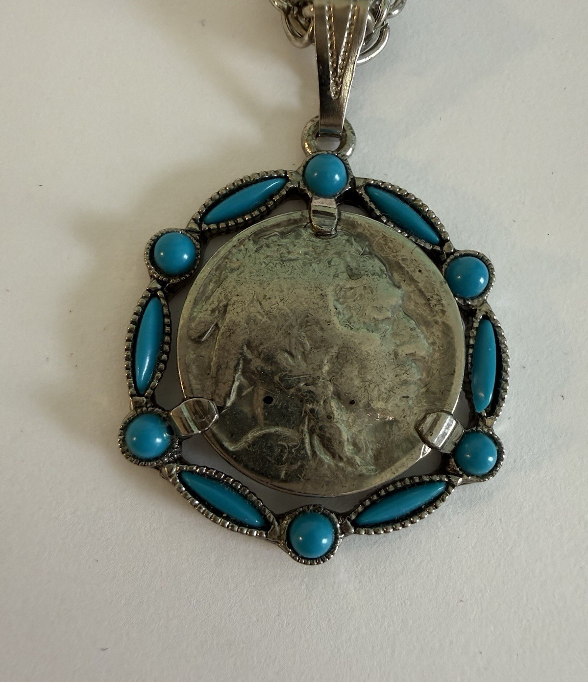 Vtg Indian Head Buffalo Nickel Coin Necklace Turquoise Accents 24″ + Feather 18″