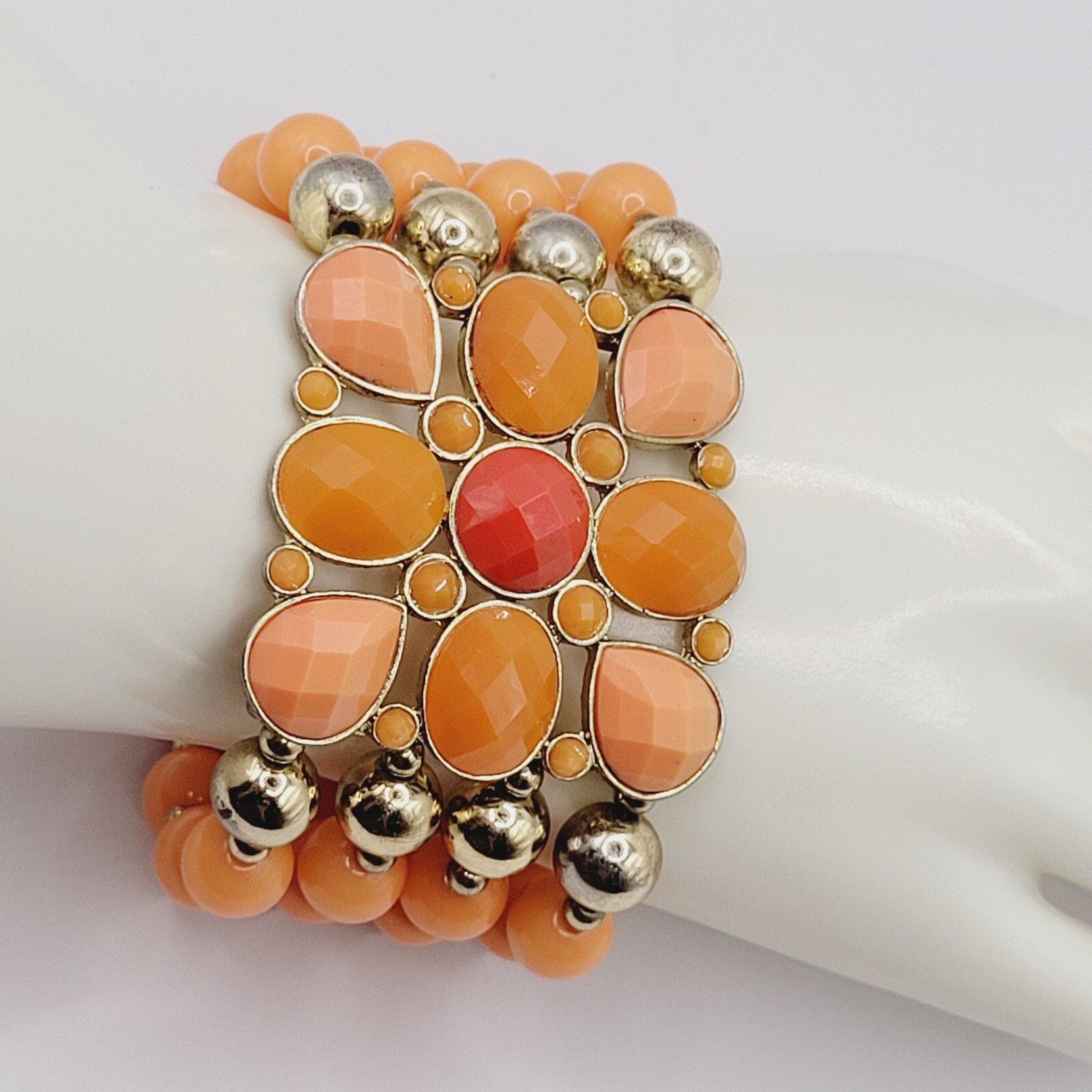Orange Sherbet Melon Shade Wide Chunky Stretch Beaded Bangle Vintage Bracelet