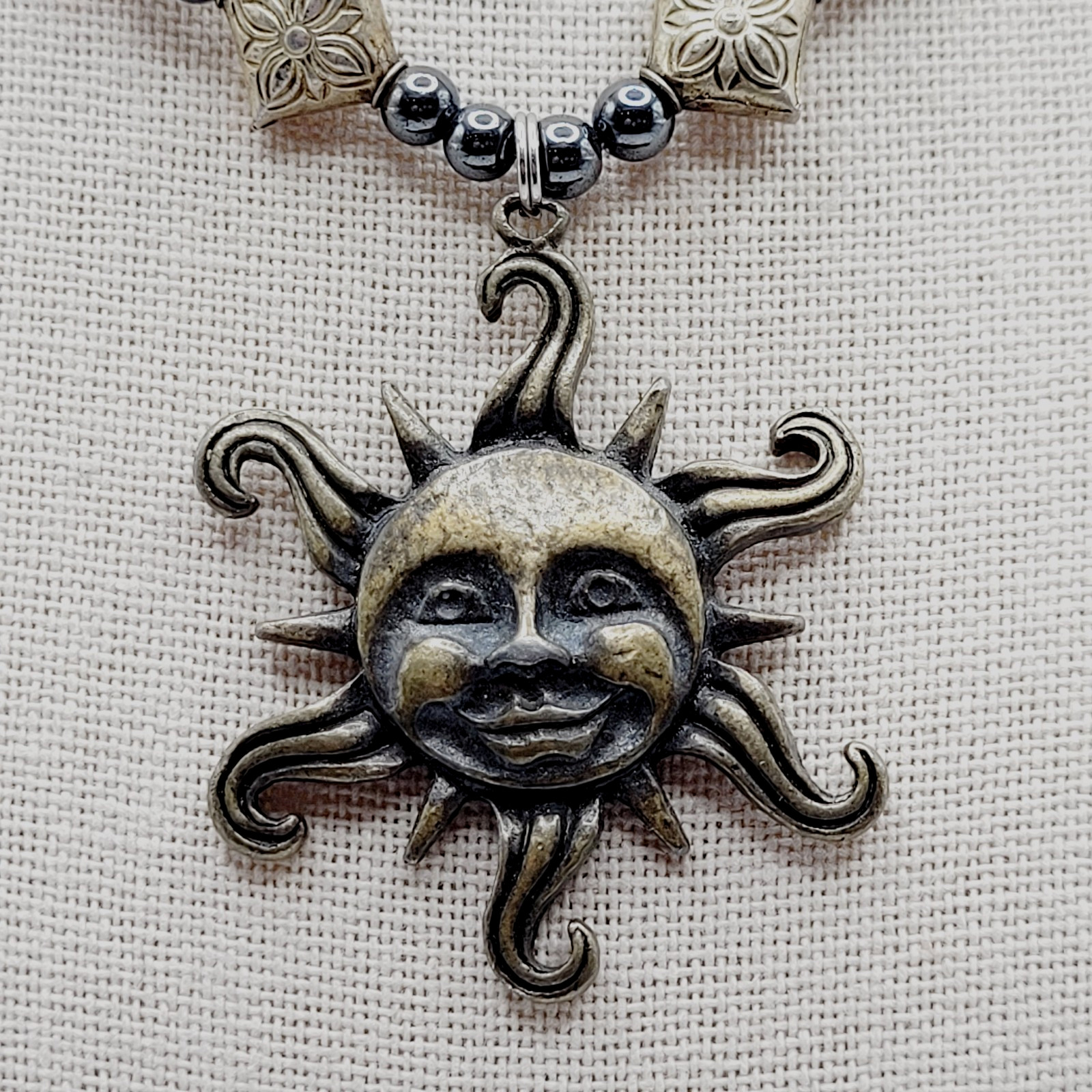 Celestial Sun Stars Black Hematine Bead Pendant Gold Tone Cone Ends Necklace