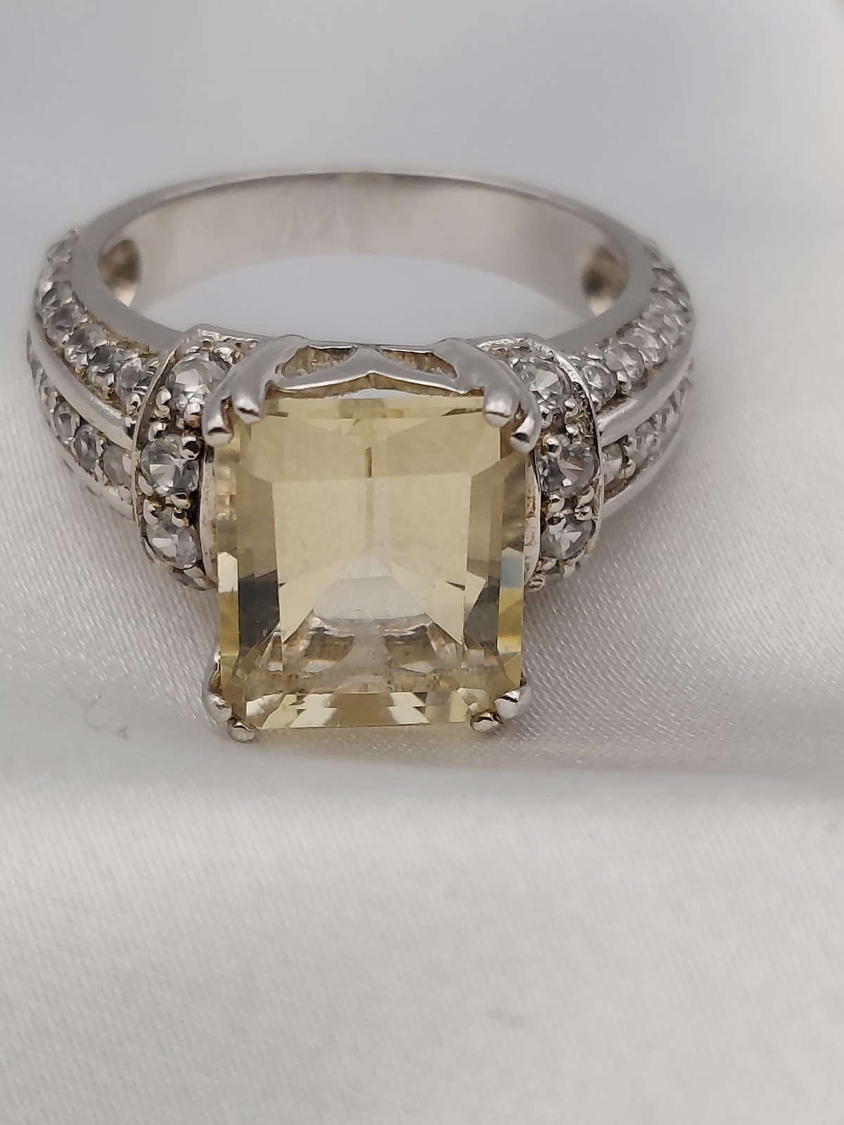 Sterling Silver Crystals & Citrine Rectangle 3 row Ring Size 8 Vtg HSN “B” 3ct