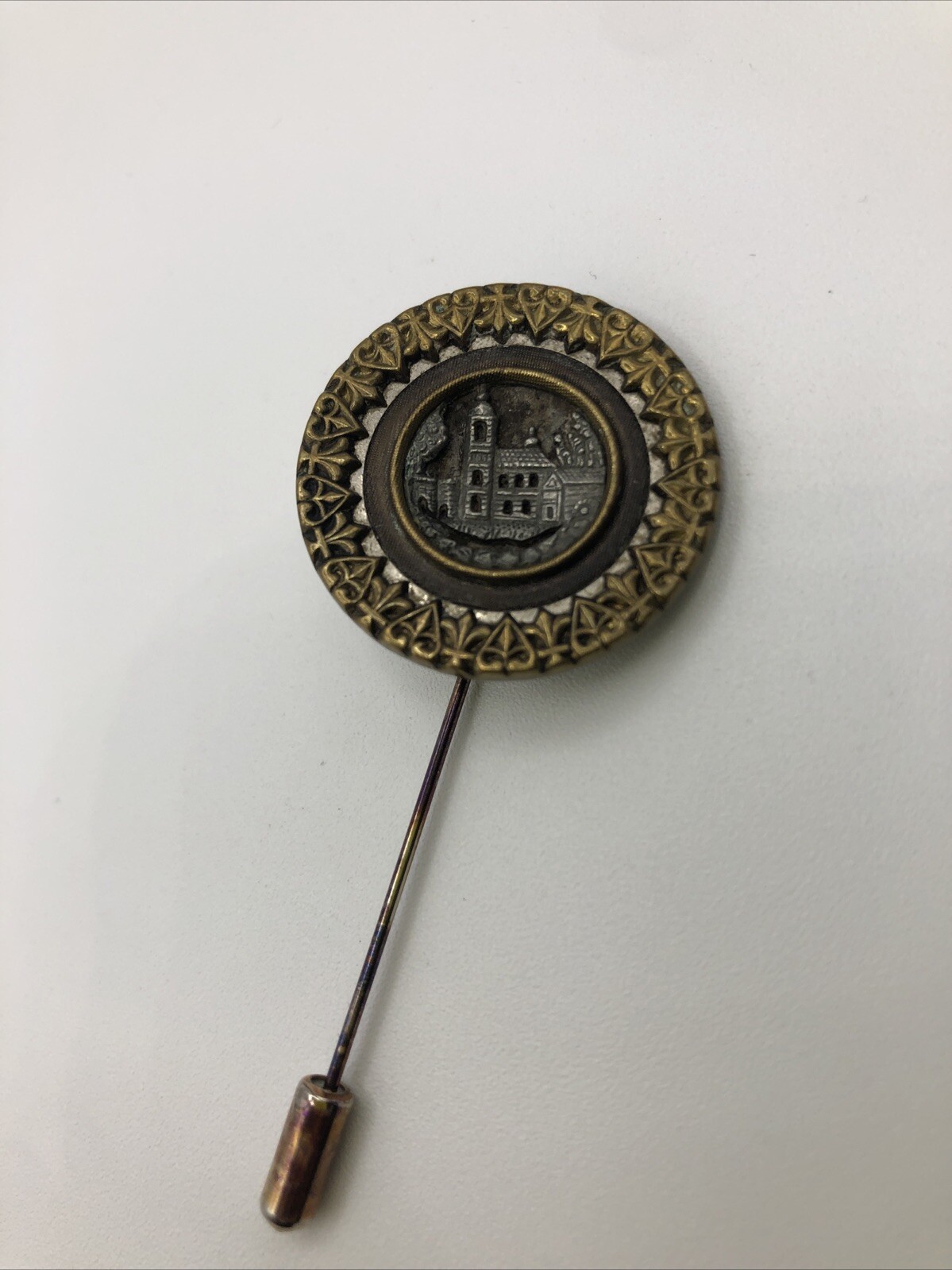 Vintage Antique Metal Picture Hat Pin Lapel Button VICTORIAN BUILDINGS