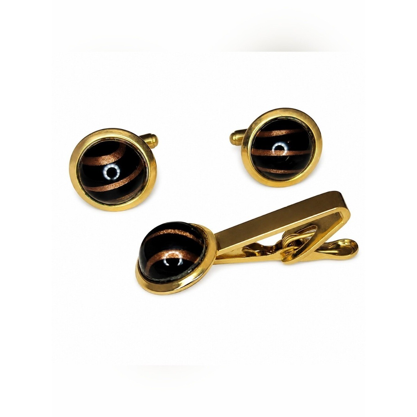 Vintage Black Copper Swirl Cufflinks Tie Clip Set Gold Tone Mid Century Original