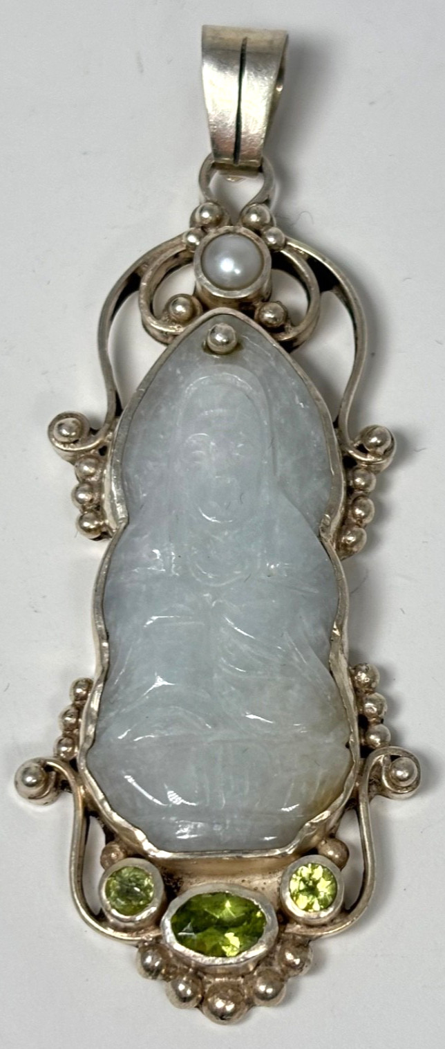 VTG Pendant 925 Silver Scroll Icy White Jadeite Hand-carved Buddha Peridot Pearl