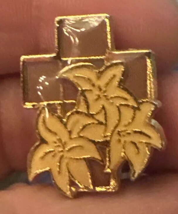 Pin Brooch Metal Pink Cross With Yellow Lilies And A Safety Clasp Very Nice!