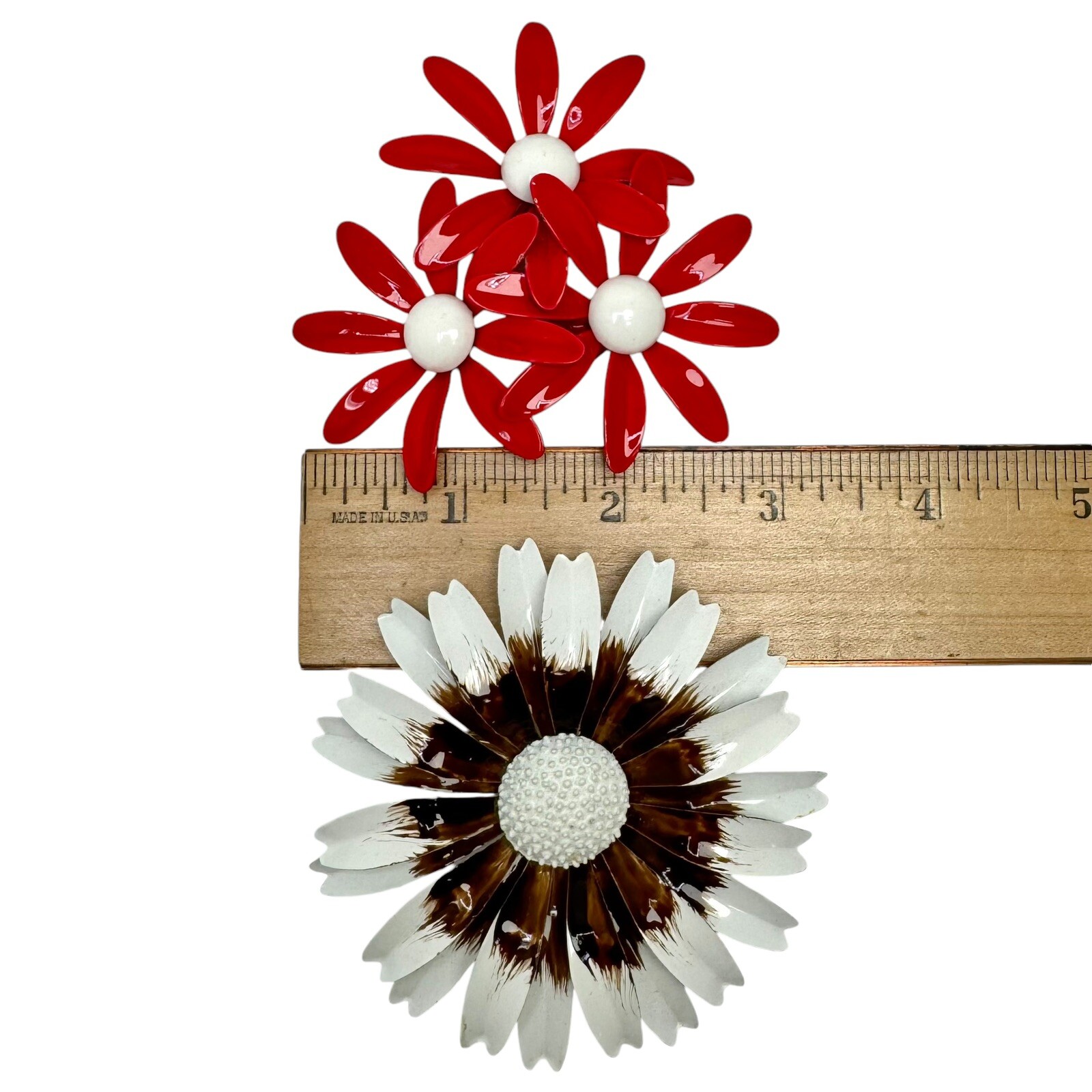 Vtg Metal Enamel Daisy Flower Brooch Pins White Brown and Triple Red White