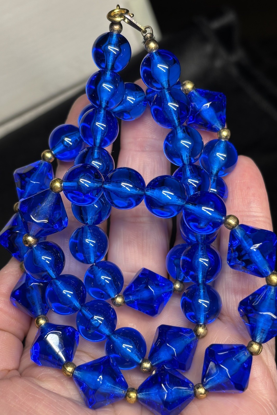 Vintage Blue Lucite Bicone Round Bead Necklace 23” Brass Spacers MCM