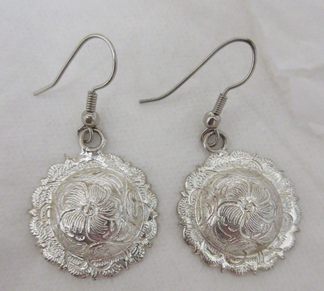 Vintage Silver Tone Etched Flower Dangle Pierced Earrings