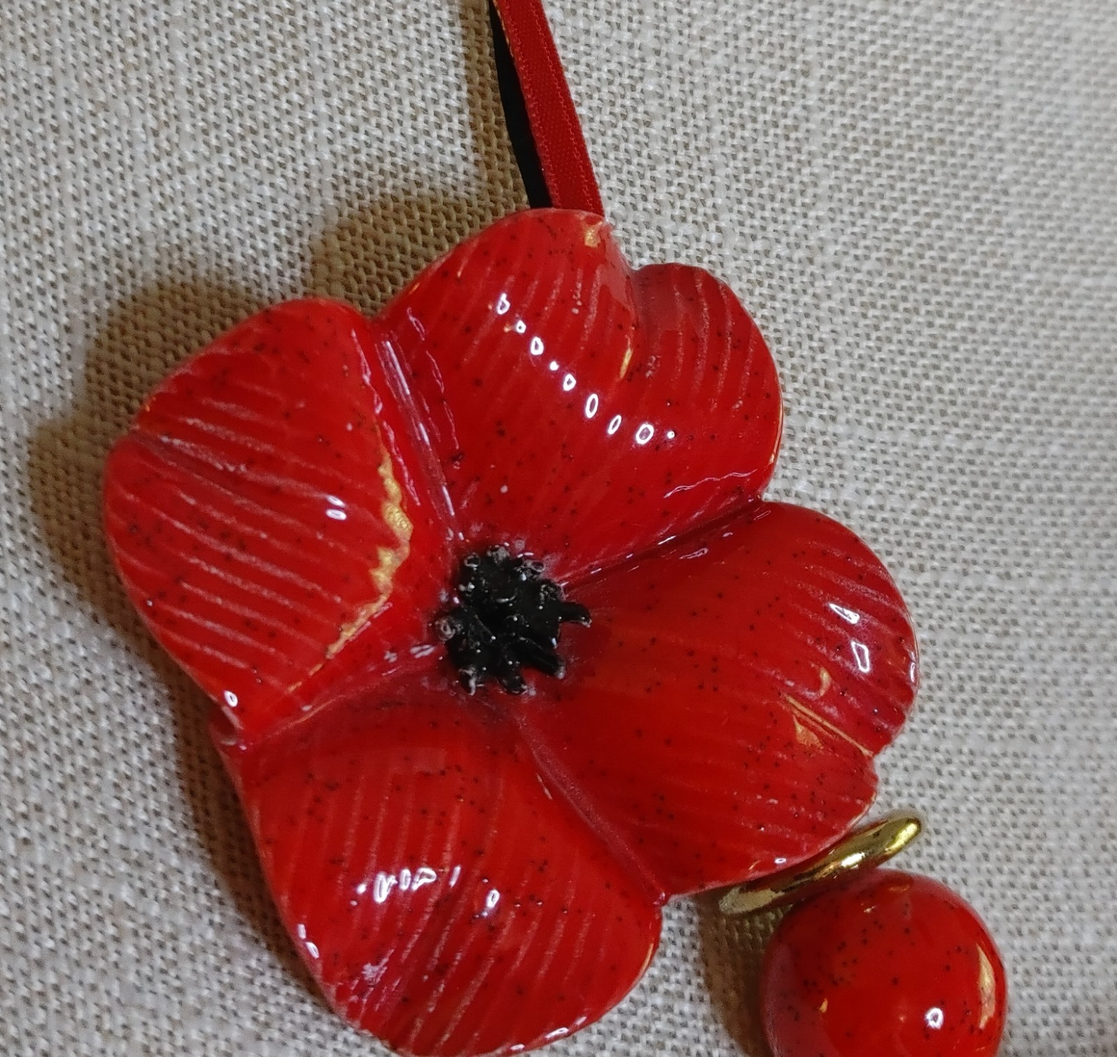 Vintage Y2K Red Enamel Poppy Necklace Ribbon Tie Back Wearable Artsy Statement