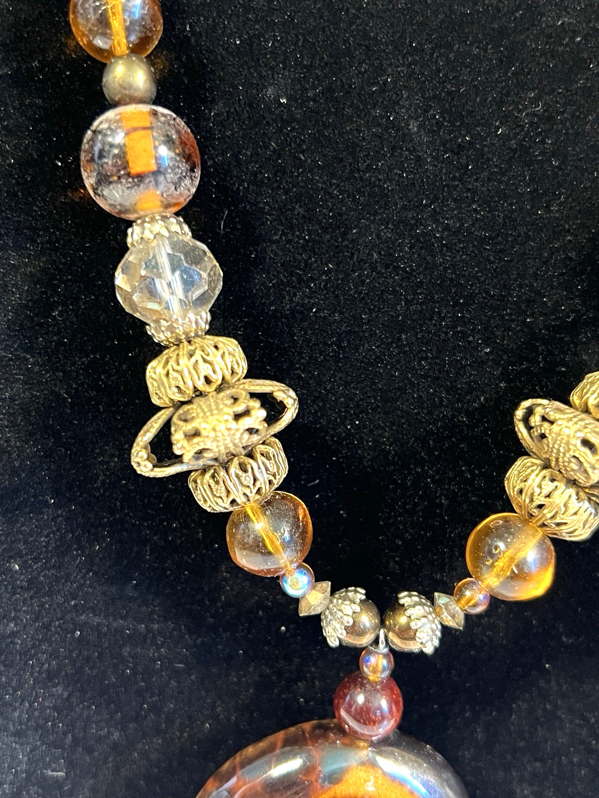VTG Statement Fire Agate Carnelisn Glass Bead Pendent Necklace 26″ Earth Tones
