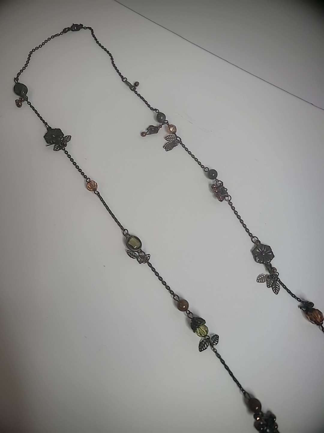 Vintage Bronze Tone Necklace Flowers Beads Leaves Flapper Jewelry Costume