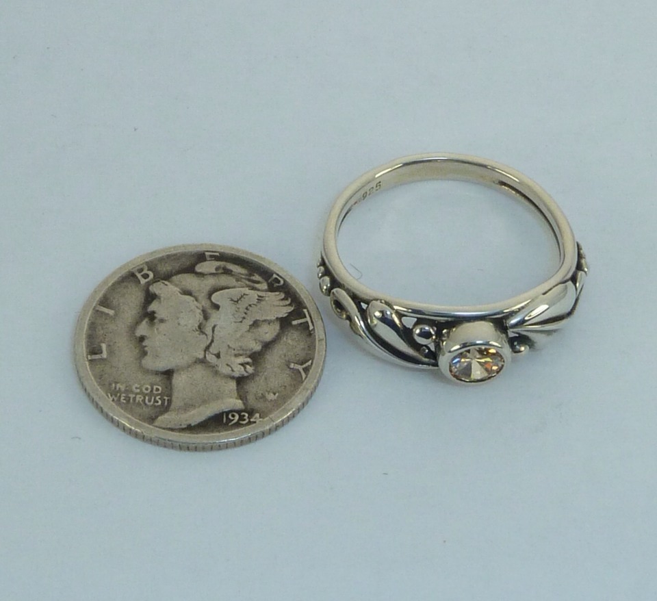 Vintage Sterling Ring, Champaign CZ Flowing Leaf Work, Konder #539