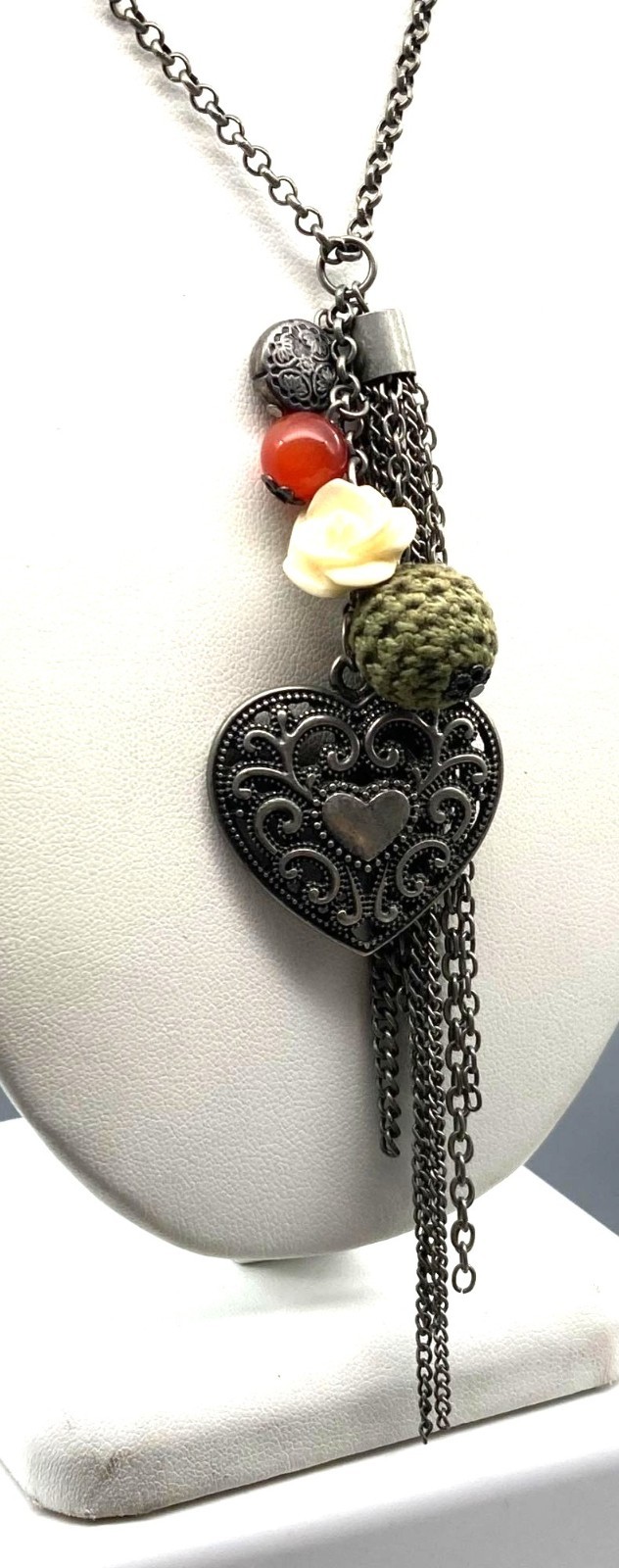 Vintage Hearts and Flowers Charm Pendant Necklace on Long Silver Tone Rolo Chain