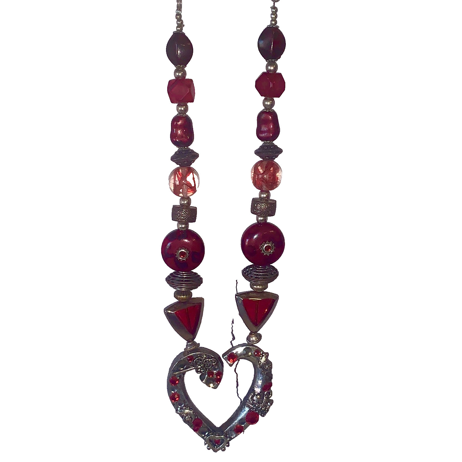 Red Beaded Heart Necklace Vintage Valentines Chunky 1980s 1990s Statement Piece