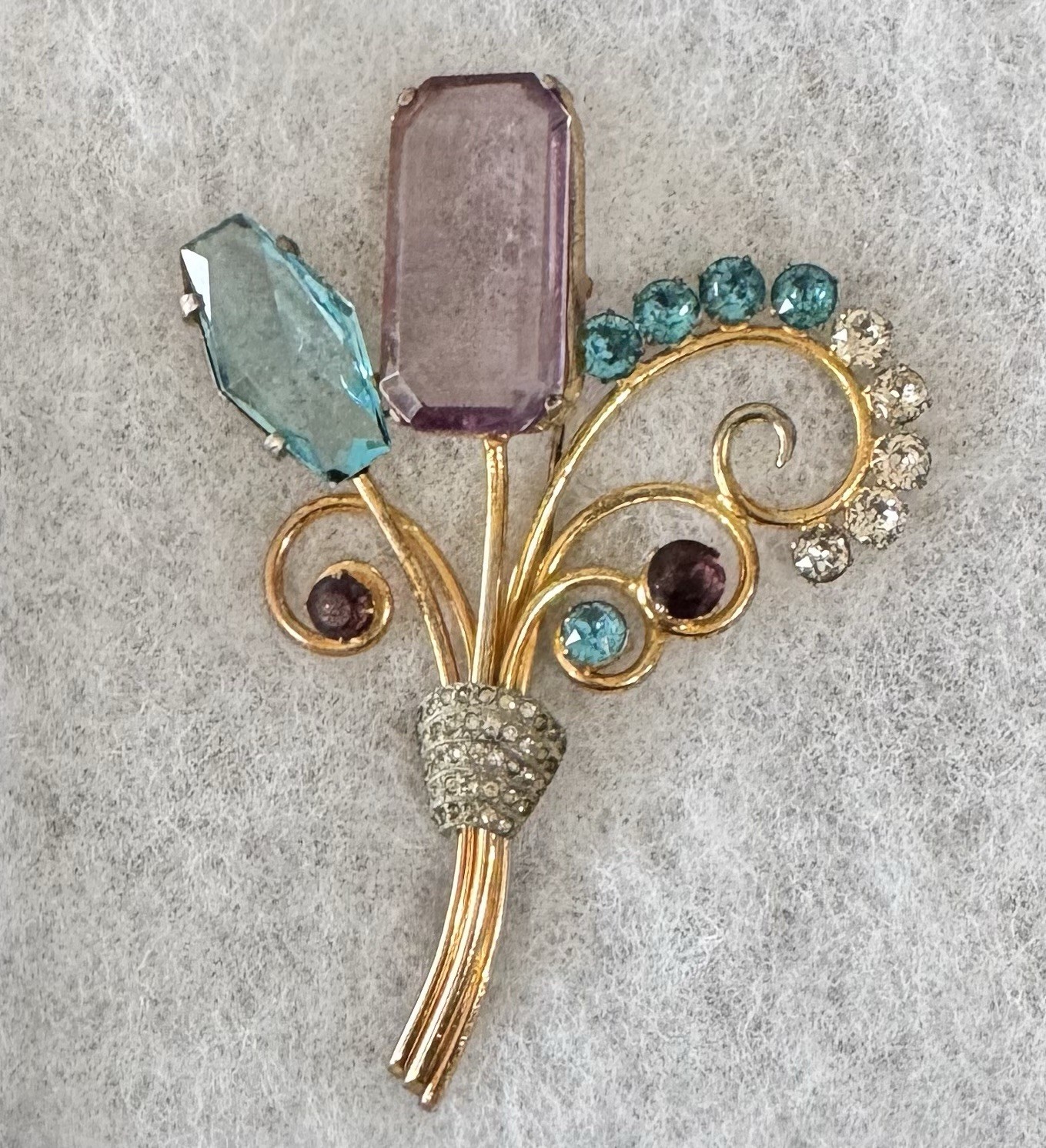 Vintage Les Glass Flower Bouquet Brooch Large Open Back Amethyst Aqua Spray HUGE