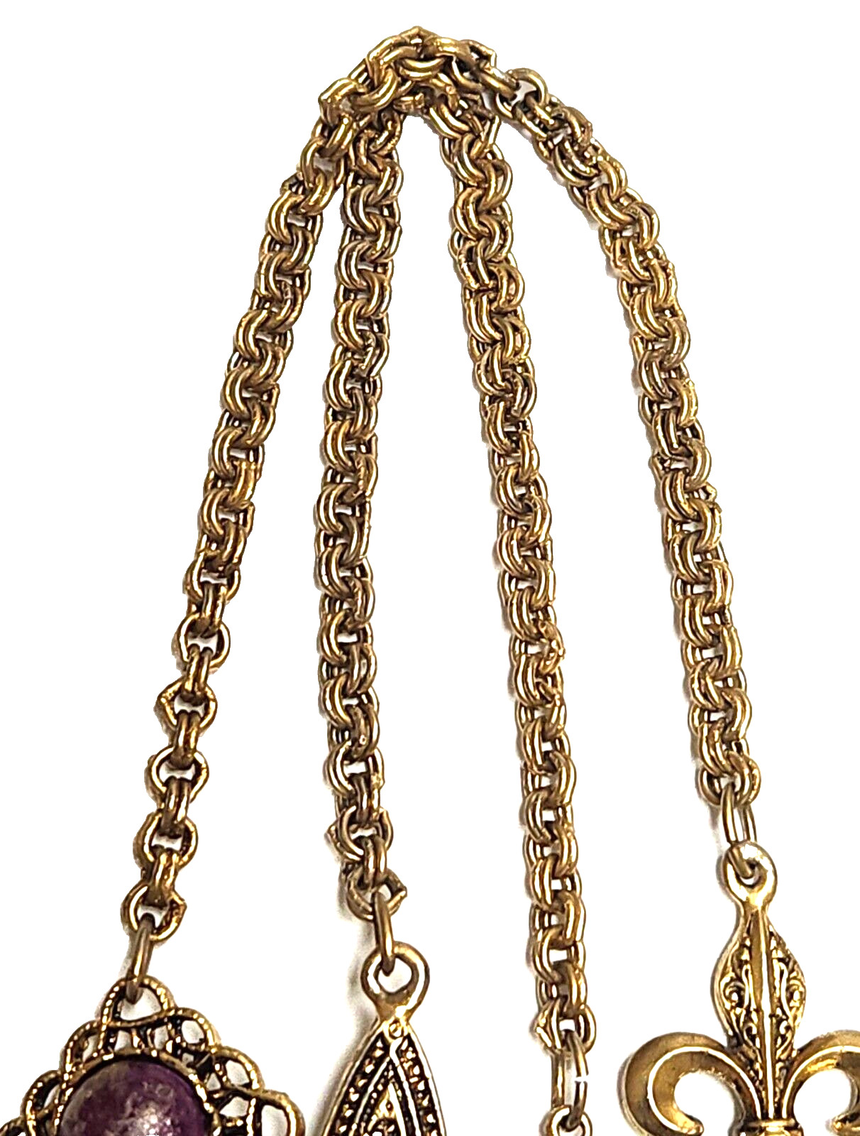Vintage Unsigned Goldette Fluer de Lis, Faux Gemstone. Key Station Necklace 54″