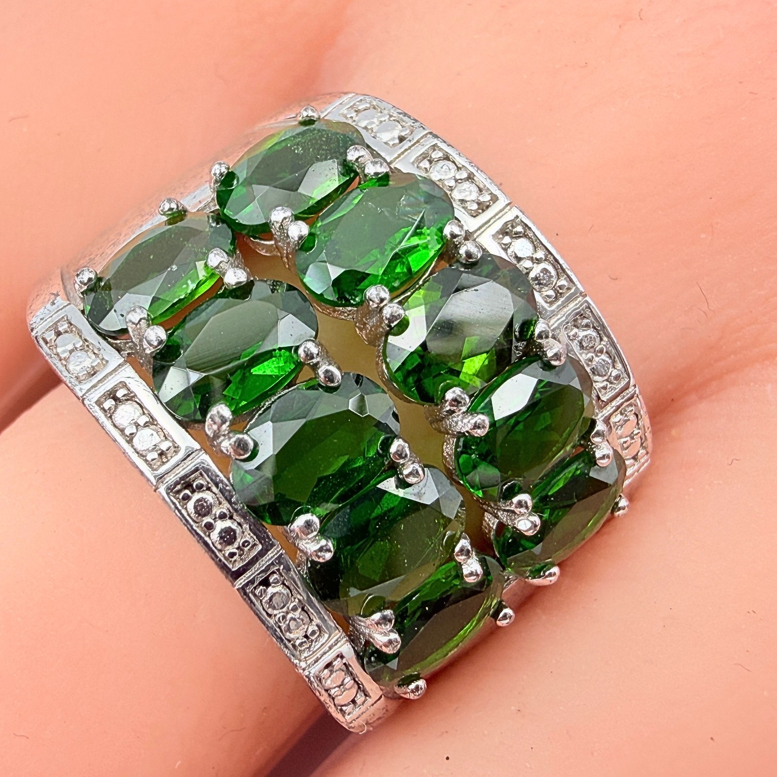 Marked DK Sterling Silver Double Row Diopside Green Iolite CZ Ring Sz 9.75