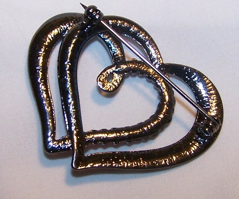 Vintage Valentine’s Day Double Heart Pin Brooch-Pin Rhinestones-Gun Metal Color
