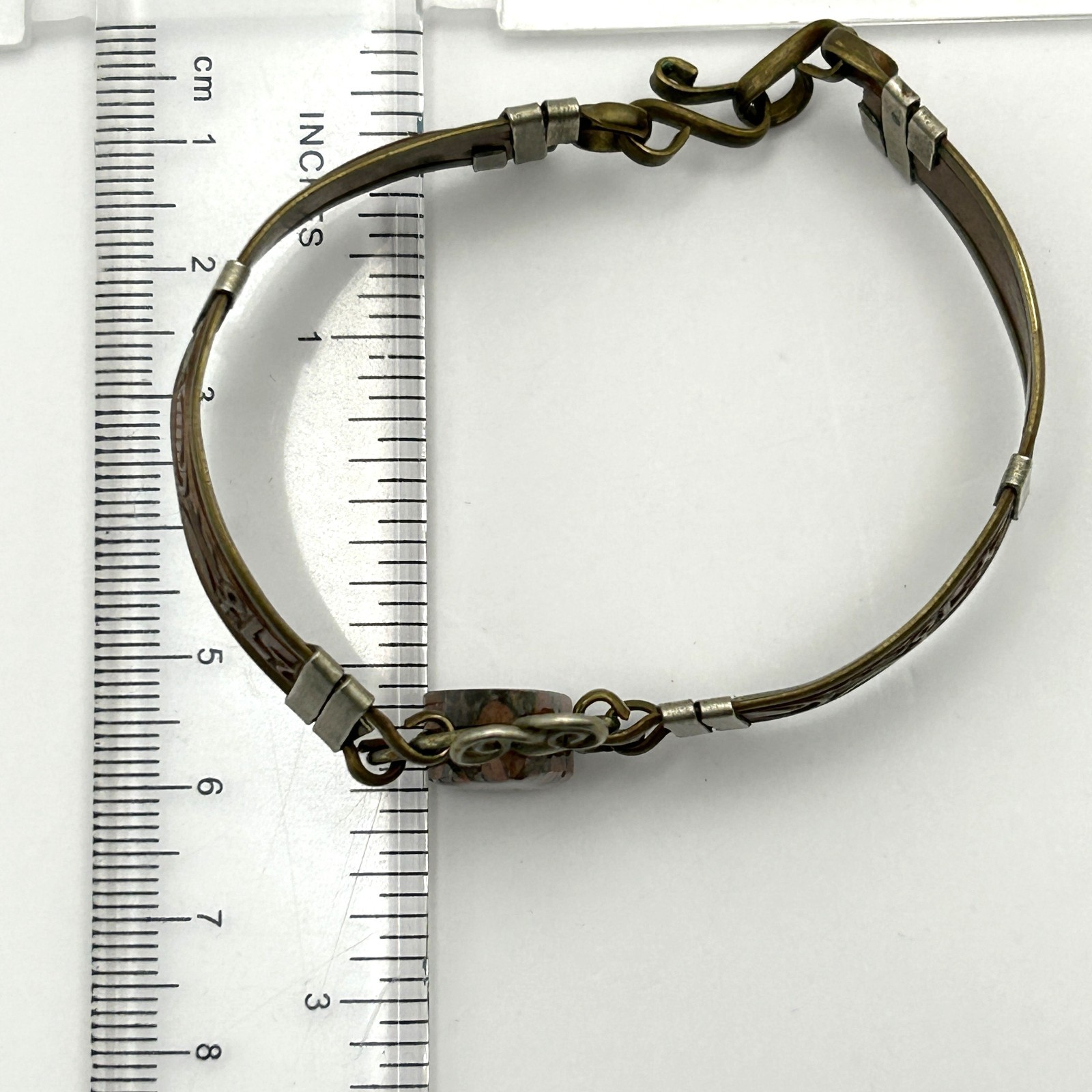 Leather Jasper Stone Bracelet Egyptian Revival Vintage Brass 6.75 in