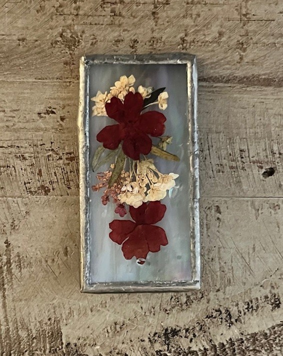 Vintage Handmade Iridescent Glass Pressed Dried Flower Silver 2” Framed Brooch