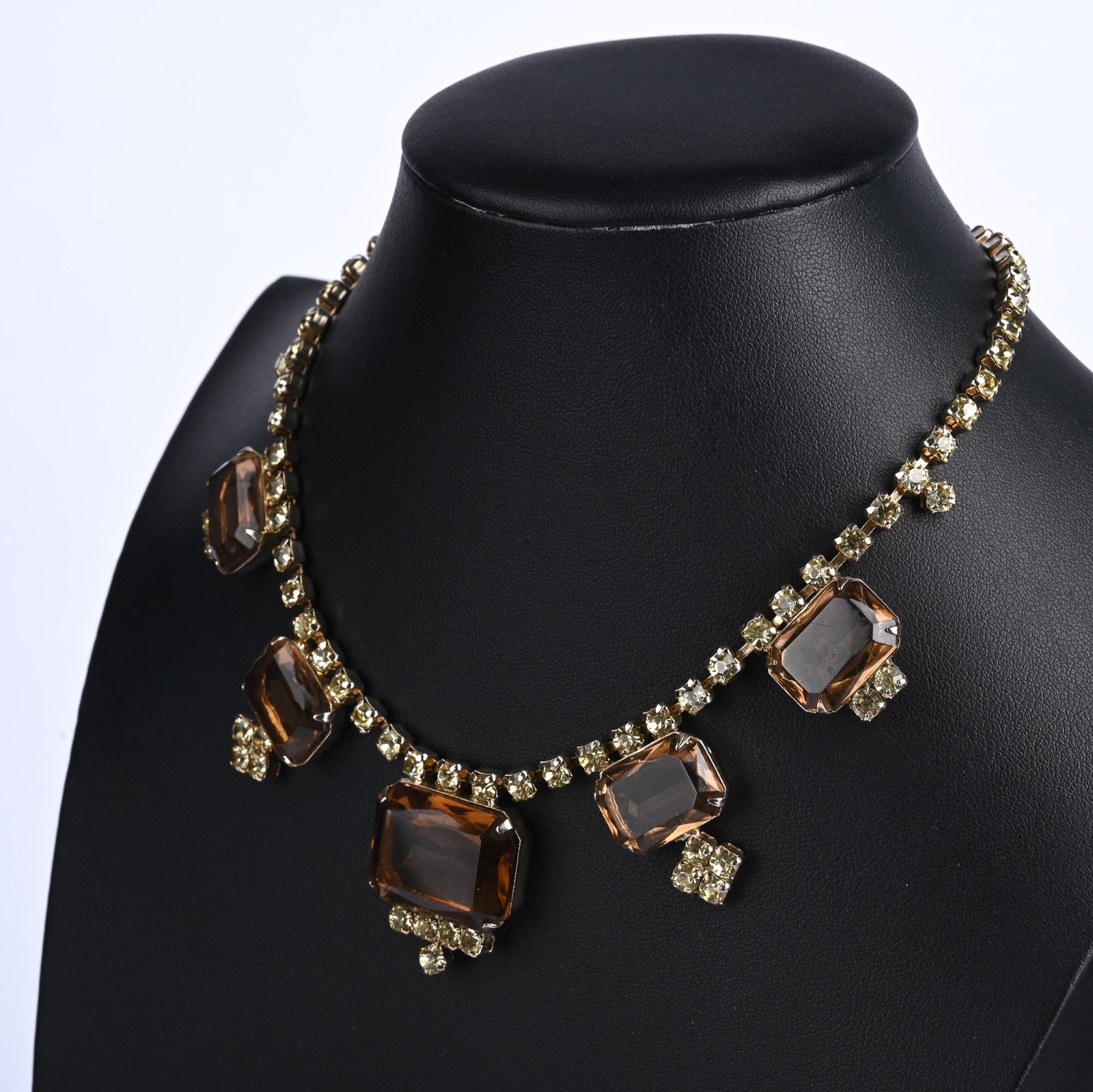 Vintage Amber Glass Rhinestone Festoon Choker Necklace Gold Tone 14″