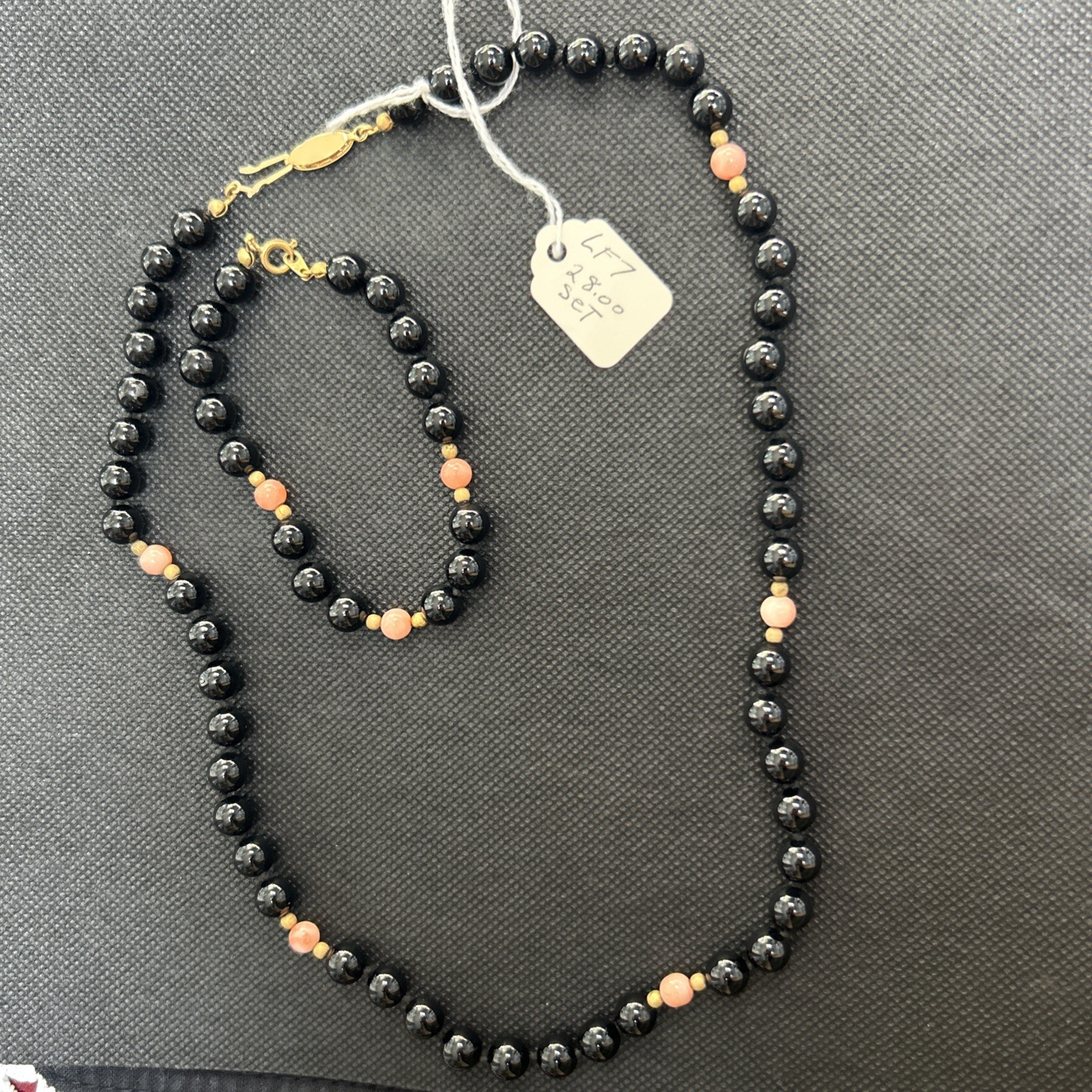 VTG Black Onyx & Coral Hand Knot Necklace 20” & Bracelet 8” Set