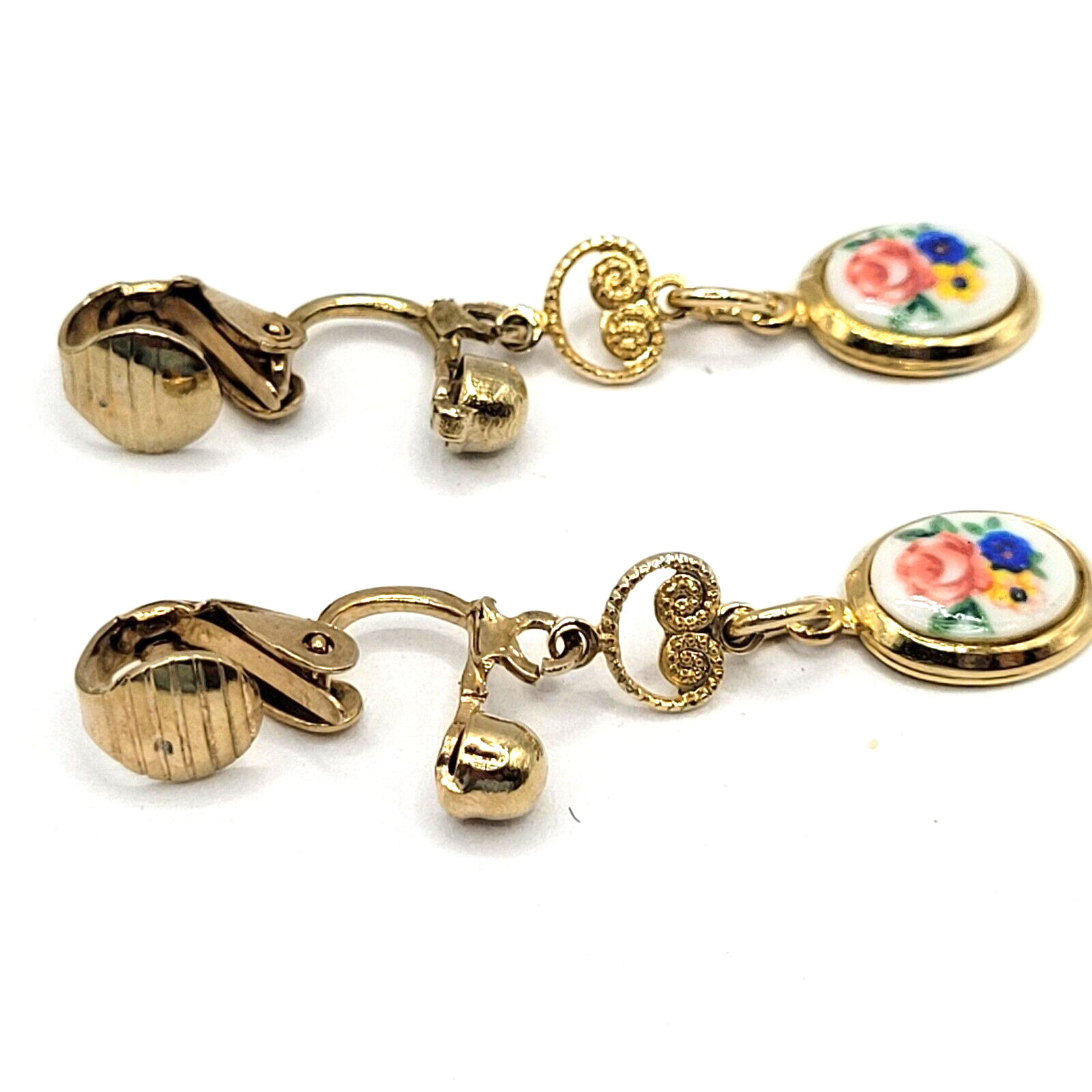 Petite Hand Painted Flowers Porcelain Gold Tone Drop Dangle Vintage Earrings