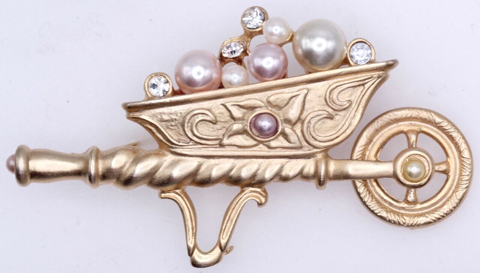 1928 Jewelry Vintage Style Wheelbarrow Brooch Pin Faux Pearl Pink White Crystal
