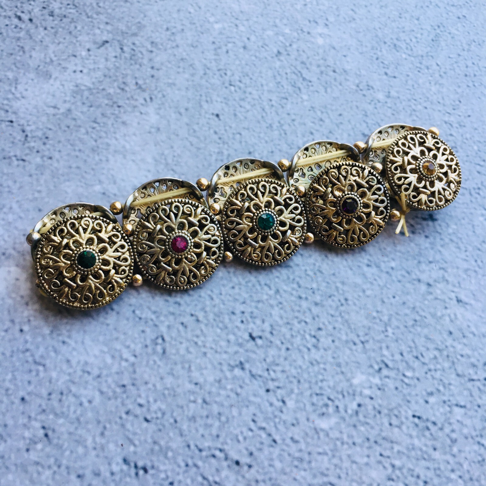Gold Tone Filigree Multi Colored Rhinestone Expanding Bracelet 4″